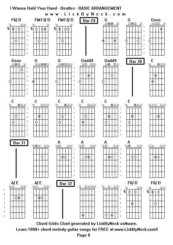 Chord Grids Chart of chord melody fingerstyle guitar song-I Wanna Hold Your Hand - Beatles - BASIC ARRANGEMENT,generated by LickByNeck software.